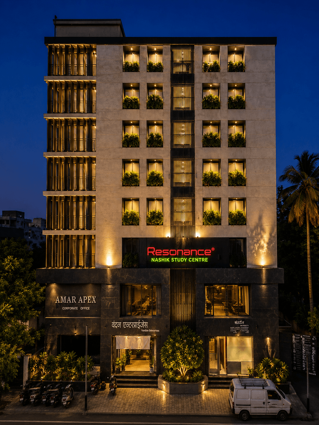 Evening view of the Resonance Nashik building